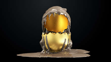 Milk Chocolate is Poured on an Opened Golden Easter Egg on black background. Happy Easter Concep. 3D...