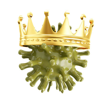 3d rendering of coronavirus covid-19 virus with golden crown isolated on white backgroundの写真素材