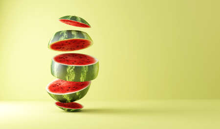 Watermelon slices on yellow background. 3d rendering, 3d illustration.の写真素材