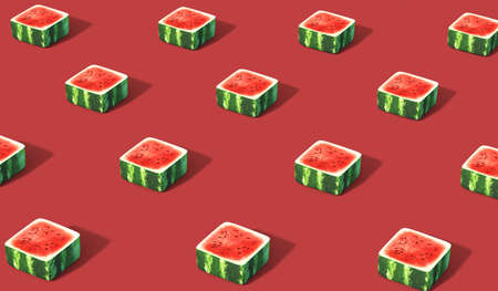 Seamless pattern of watermelon slices on a red background.の写真素材