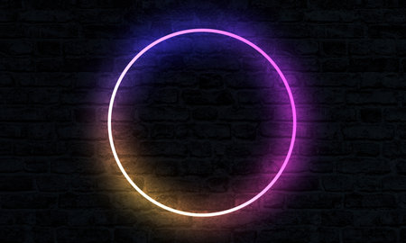 Empty Circle Neon Sign on brick wall with illumination. 3D Renderingの写真素材
