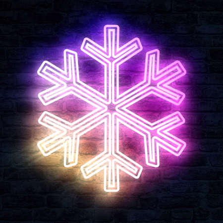 Snowflake neon sign on brick wall background. Vector illustration. Eps 10.の写真素材
