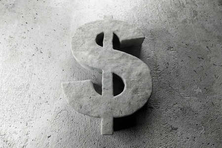 Stone dollar sign on grey background, top view. Space for textの写真素材