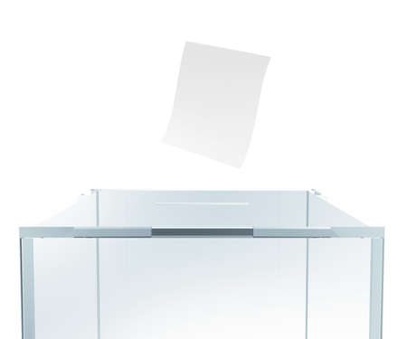Glass Vote Box with Envelope isolated on white background. 3D Renderingの写真素材