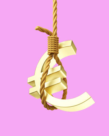 Golden euro sign hanging on a rope on a pink background. 3d renderingの写真素材