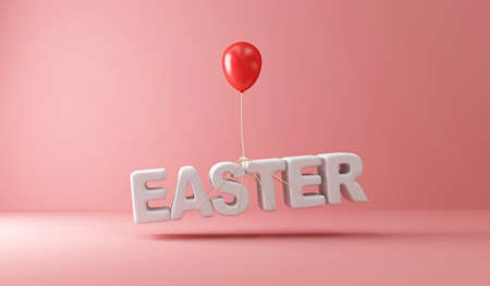 3D Render of EASTER text with red balloon on pink backgroundの写真素材