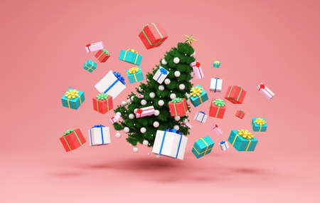 3d render of christmas tree with gift boxes on pink backgroundの写真素材