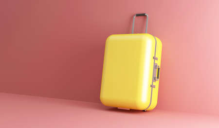 3D rendering of a yellow suitcase on a pink background with copy spaceの写真素材