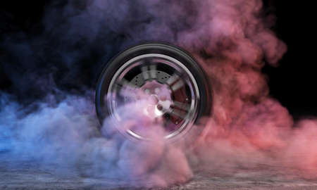 Car wheel with smoke on a black background. 3d rendering.の写真素材