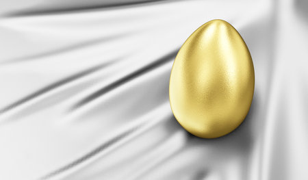 Success Symbol or Happy Easter Concept. Big Golden Egg on white silk fabric. 3D renderingの写真素材