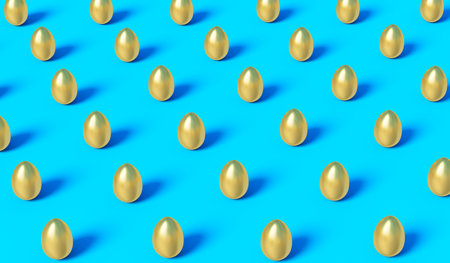 Heap of Golden Easter Eggs on Blue Background with same shadows. Abstract Happy Easter Background in Pop Art Style. 3D Renderingの写真素材
