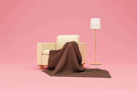 3d render of armchair and lamp on pink background. Minimal concept.の写真素材
