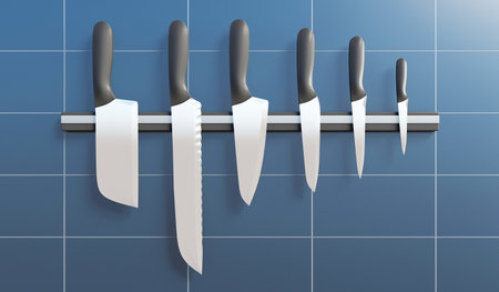 Group of kitchen knives on a magnetic stand in the kitchen. 3D Renderingの写真素材