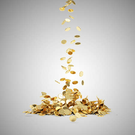 Falling coins, falling money, flying gold coins, golden rain. Jackpot or success concept. 3D renderの写真素材
