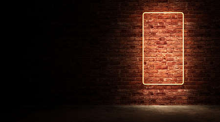 Orange neon sign on a brick wall background. 3d rendering.の写真素材