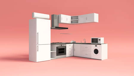 3d rendering of a white modern kitchen in a studio with pink backgroundの写真素材