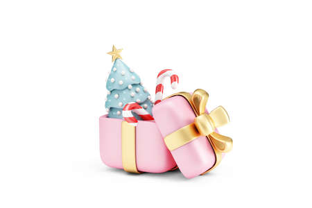3d render of gift box with christmas tree on white backgroundの写真素材
