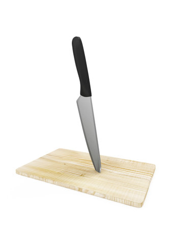 Kitchen Knife in a wooden cutting board isolated on white background. 3D Rendering