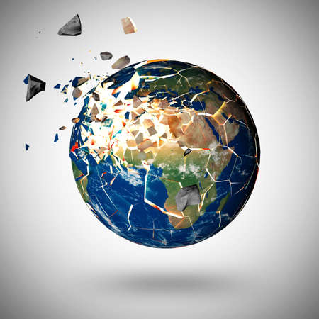 Earth planet with cracked continents and debris on white background. Vector illustration.の写真素材