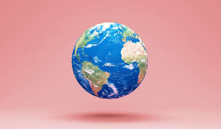 Planet earth isolated on pink background. 3d render of planet earthの写真素材