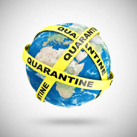 Earth globe with quarantine tape isolated on white background. Vector illustration.の写真素材