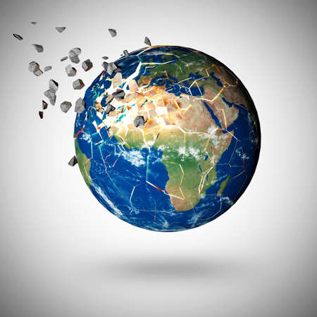 Earth globe with cracked continents. Global destruction concept. 3D renderingの写真素材