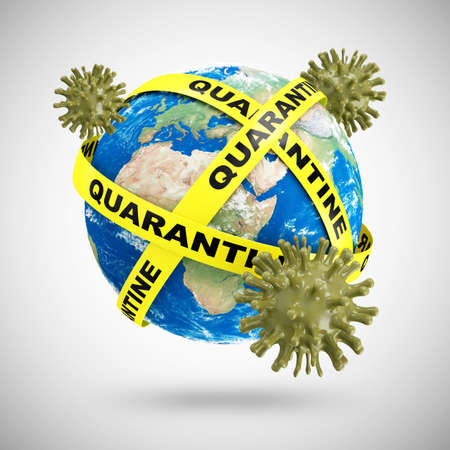 Coronavirus covid-19 global pandemic concept. Earth globe with yellow caution tape.の写真素材