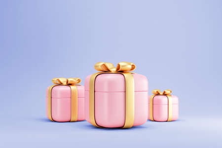 Pink gift boxes with golden bows on purple background. 3d renderの写真素材