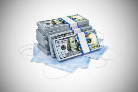 Stack of Dollar Bills with Medical Mask on gradient background. Ð¡oncept of making money and doing...