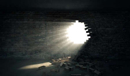 Dark room with broken brick wall and glowing hole. 3d renderingの写真素材