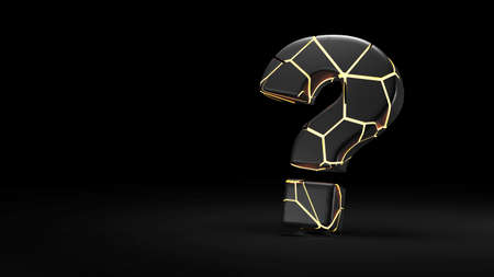 Black question mark made of black and gold polygons on black background. 3d renderingの写真素材
