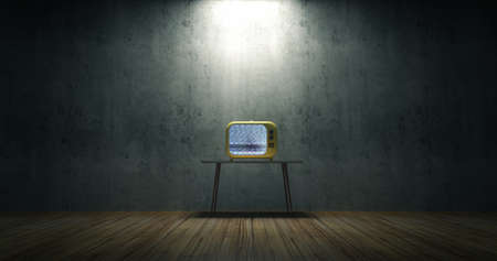 Old TV on table in empty room with concrete wall. 3D renderingの写真素材