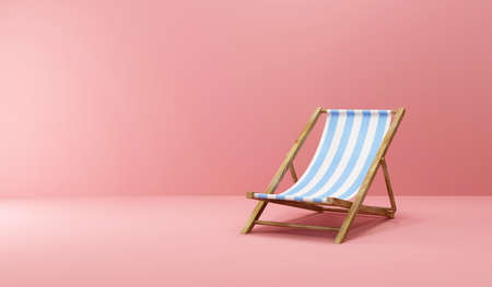 Wooden deck chair on pink background. 3d render illustration.の写真素材