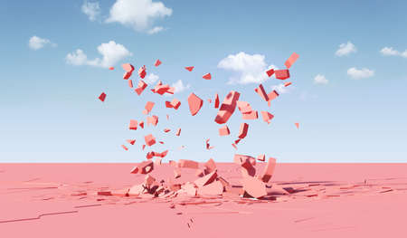 Pieces of broken pink paper on sky background. 3D renderingの写真素材