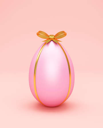 Pink Easter egg with golden bow on pastel background. 3d renderの写真素材