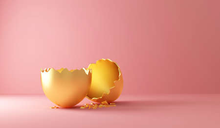 Broken golden egg on pink background. 3d render illustration.の写真素材