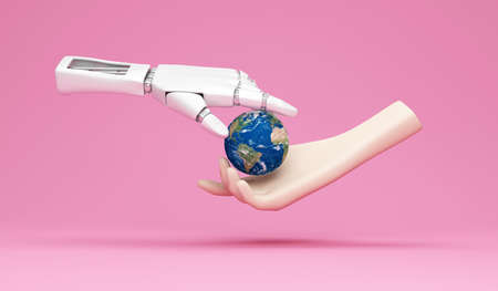 3d rendering of a robot hand holding a globe on a pink backgroundの写真素材