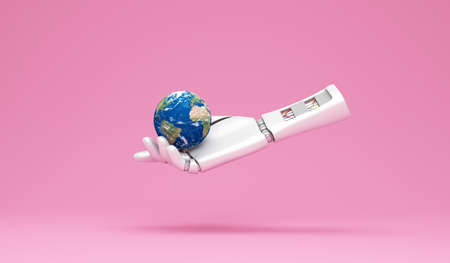 3d rendering of a robot hand holding a globe on pink backgroundの写真素材