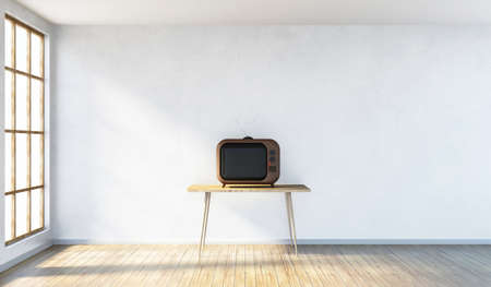 Modern Room Interior with Retro Vintage TV on a Table and Panoramic Windows. 3D Renderingの写真素材