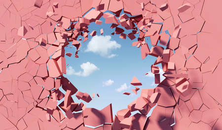 Broken hole in pink wall with blue sky. 3D renderingの写真素材