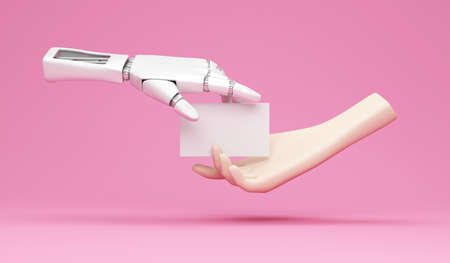 Robot hand holding blank business card mockup. 3D renderingの写真素材