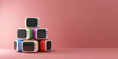 3D rendering of a set of old TV sets on pink backgroundの写真素材