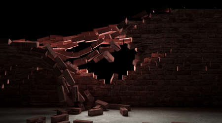 3d rendering of broken brick wall with debris. 3d illustrationの写真素材