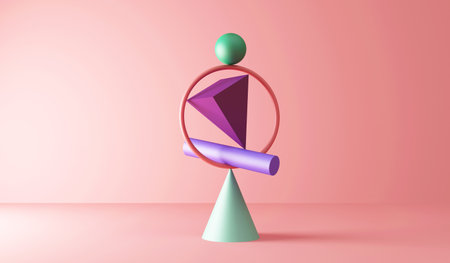 Balancing color geometric shapes on pink studio backgroundの写真素材