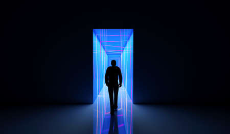 Front view of Person go to the illuminated color neon tunnel with blue lights
