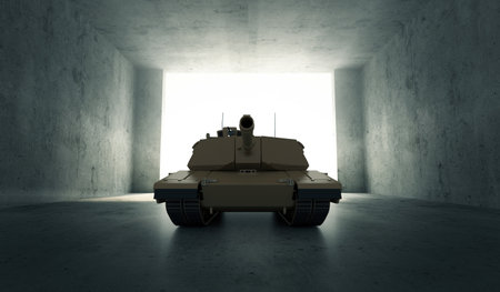 Heavy Military Tank in Modern Hangar with Big Opened Doorsの写真素材