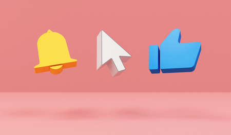 Online service concept. Arrow Bell and like Symbols on pink studio background. 3d renderingの写真素材