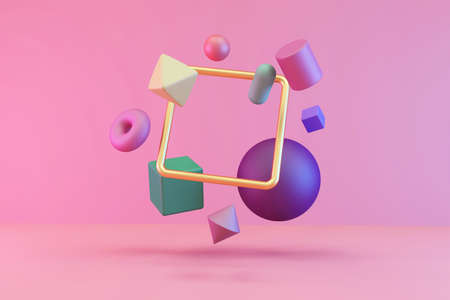 Group of colorful geometric shapes abstract studio background. 3d rendering