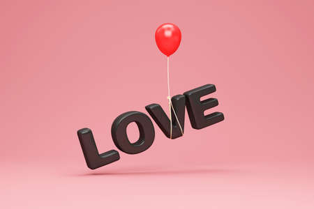Black Love Text Symbol with Red Balloon on pink studio background. 3D Rendering