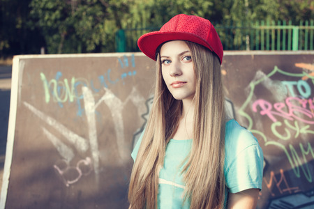 Closeup of teen girl on playgroundの写真素材